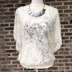 EUC Cream and Black Lace Top Size Medium